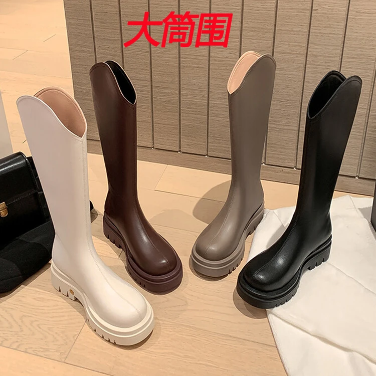 牛皮5.5cm厚底防水台后拉链气质V口真皮高筒长靴女粗跟厚底骑士靴