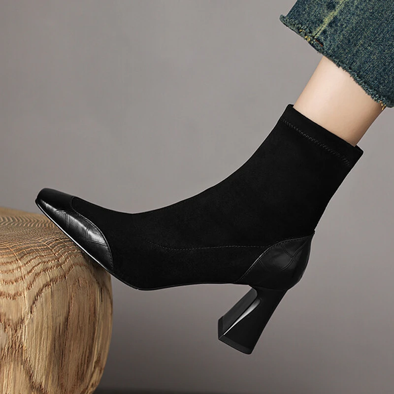 牛皮7cm轻奢拼接气质高跟鞋粗跟侧拉链短筒靴子复古方头马丁靴女