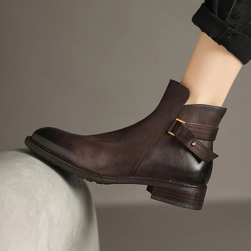 牛皮3cm时尚轻奢擦色英伦风复古马丁靴女中粗跟皮带扣侧拉链短靴