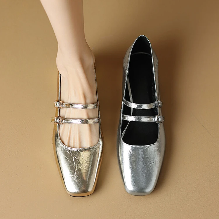 羊皮2.5cm粗跟玛丽珍鞋子女一字带真皮气质中跟金色银色方头单鞋