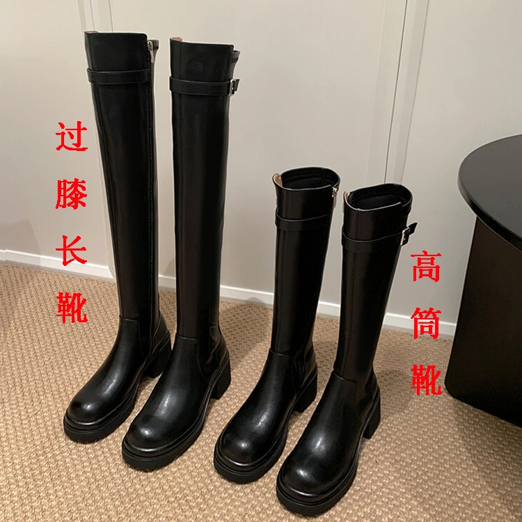 牛皮6.5cm百搭气质高跟鞋粗跟侧拉链高筒靴女显瘦皮带扣过膝长靴