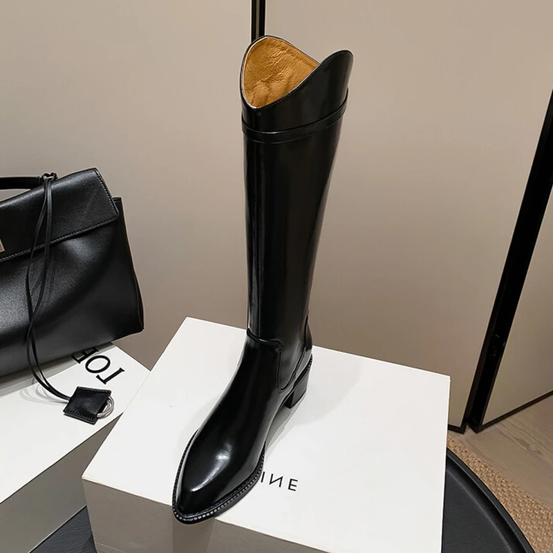 牛皮5cm真皮复古擦色V口高筒靴女中跟粗跟尖头后拉链银扣骑士靴子