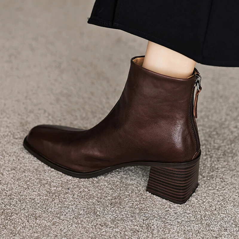 牛皮6.5cm时尚轻奢百搭复古方头马丁靴女高跟鞋粗跟后拉链短靴子