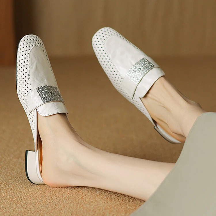 羊皮3cm轻奢真皮镂空百搭懒人凉拖鞋女中跟粗跟外穿洞洞半拖鞋子