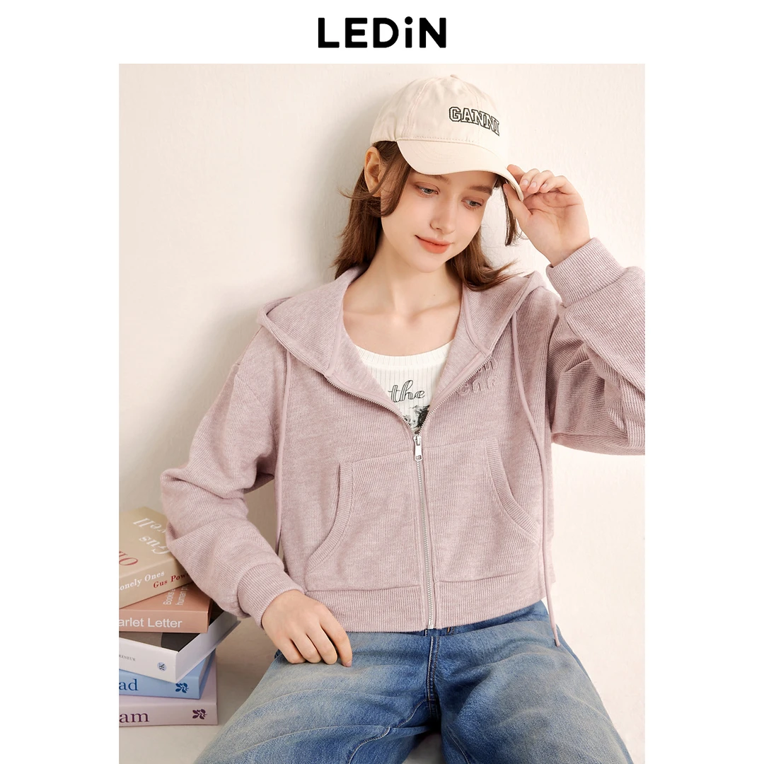 乐町针织翻领短款卫衣外套