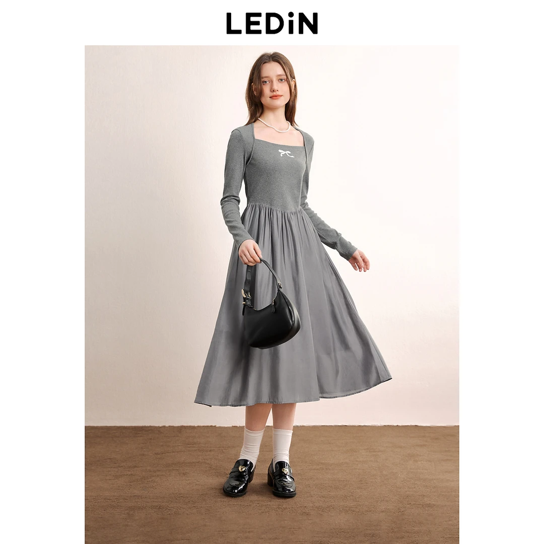 乐町蝴蝶结蕾丝针梭拼接连衣裙1906