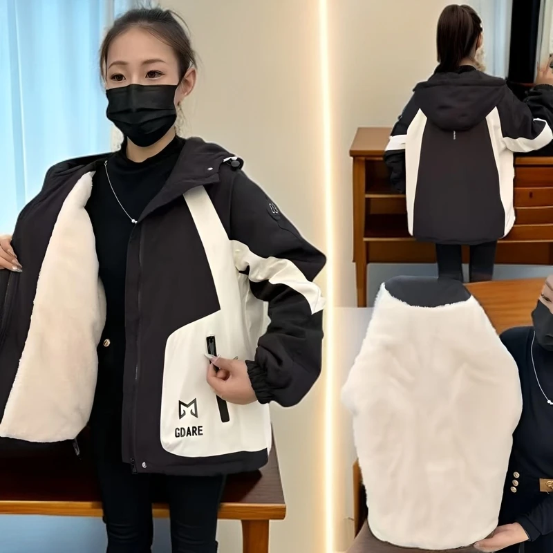 756冬季加绒冲锋衣派克服外套撞色拼接时尚气质百搭连帽棉服保暖