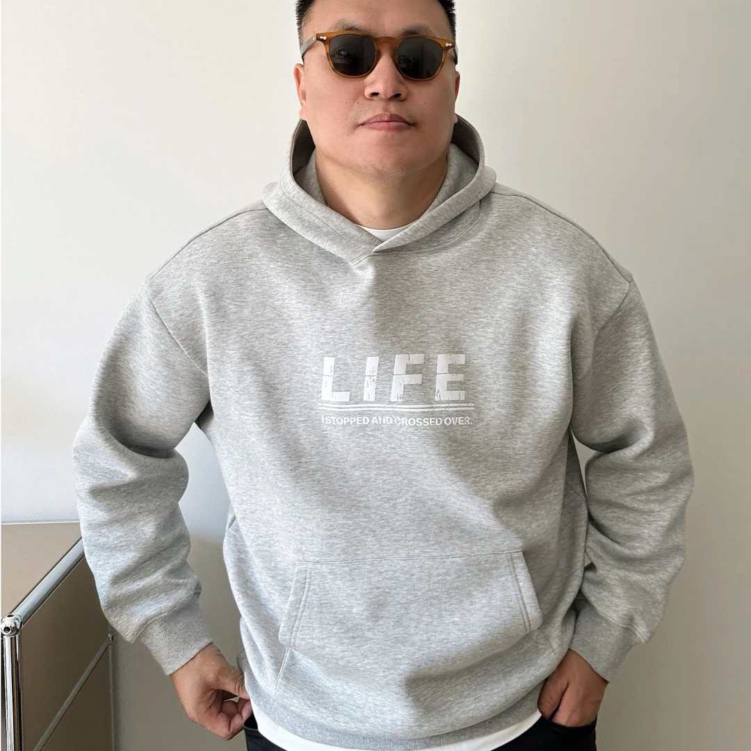 大依无忧大码男装冬季花灰廓版胖子加肥加大男款套头连帽加厚卫衣