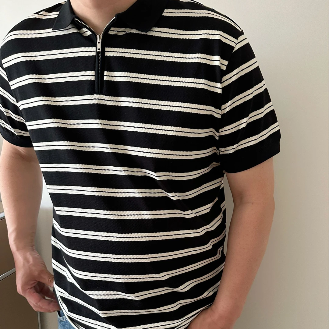 DAEVU夏季大码男装条纹半拉链潮胖加肥加大男士短袖翻领t恤polo衫