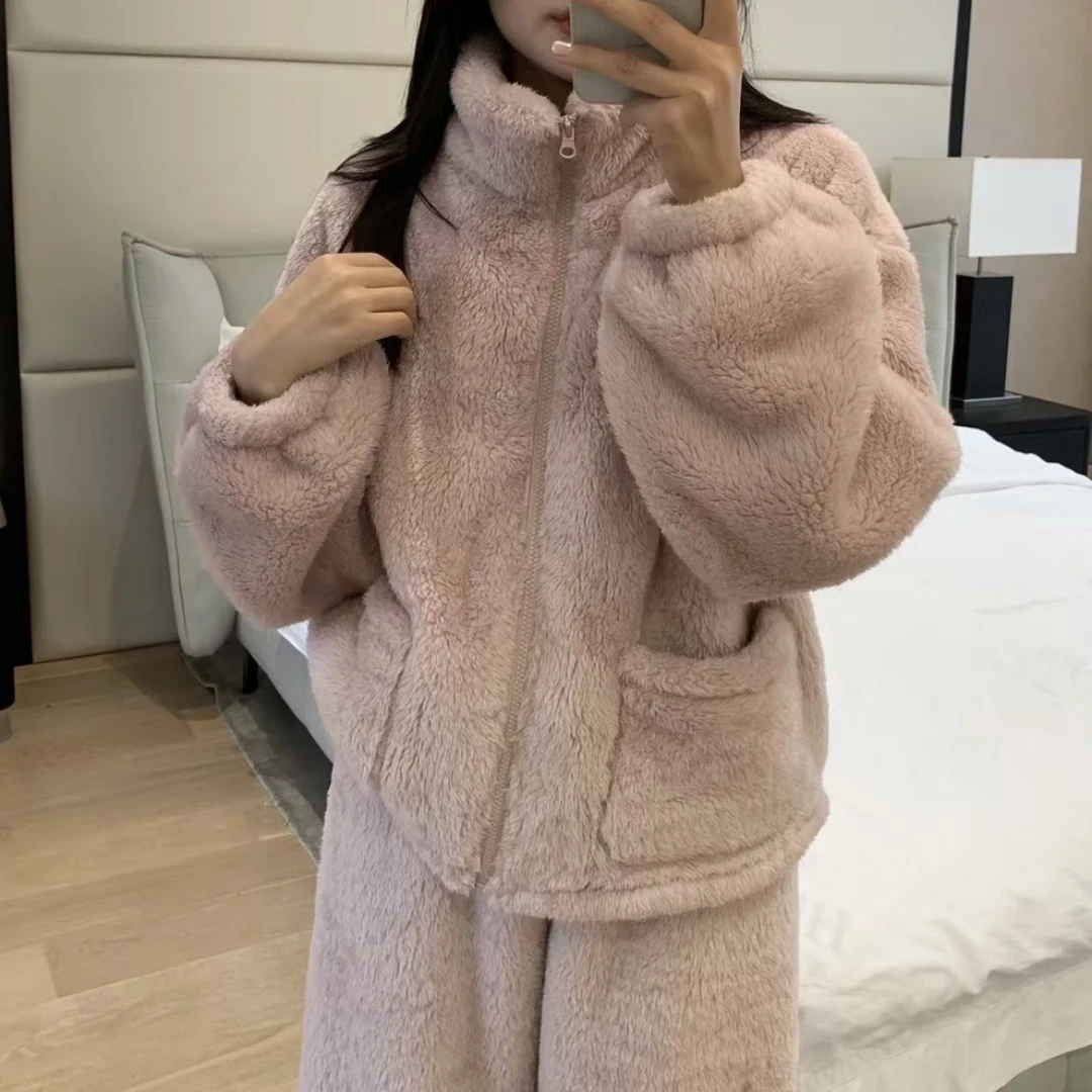 新款双面北极绒套装时尚休闲宽松加绒毛绒加厚保暖长袖网红女士