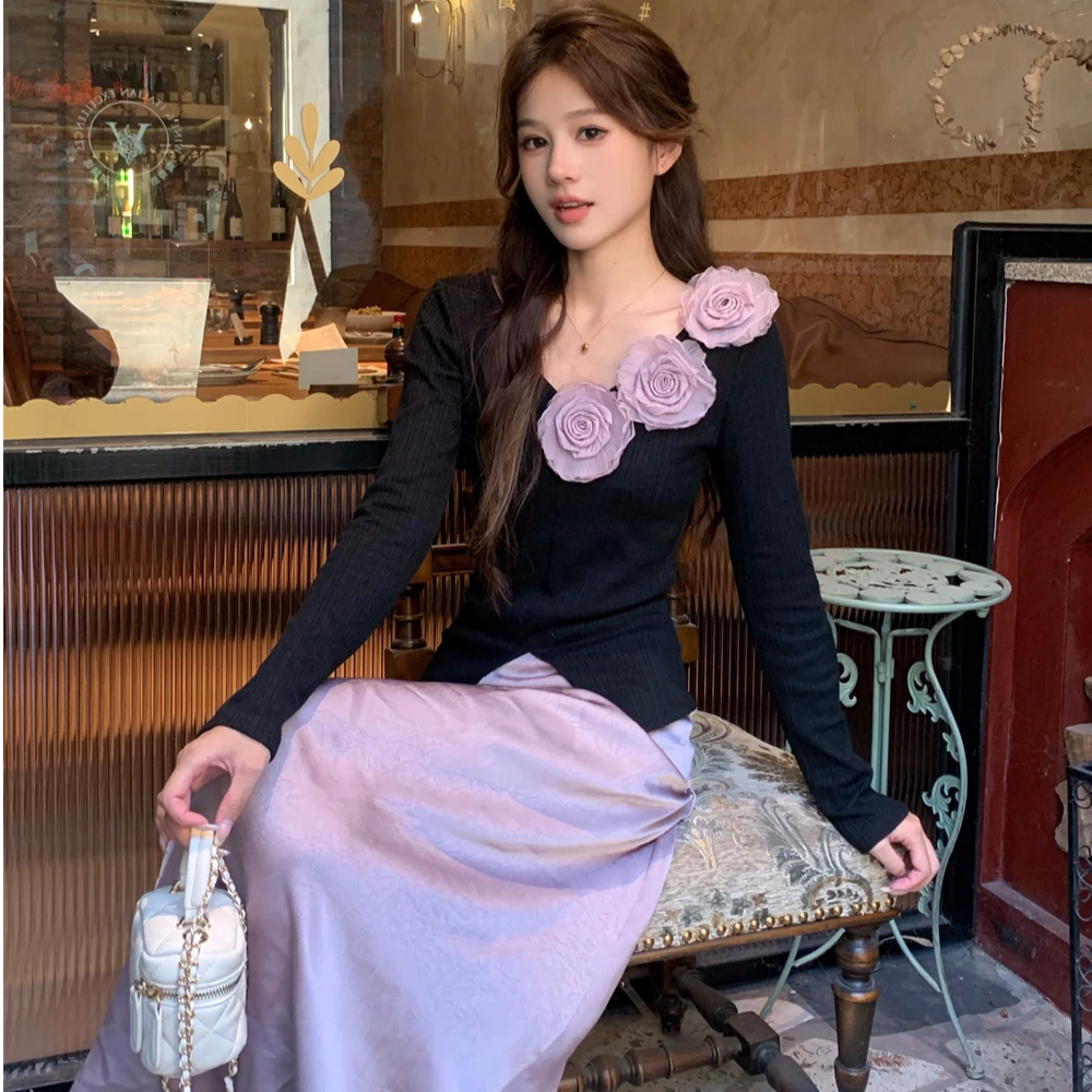 法式立体玫瑰花气质长袖针织衫高腰半身长裙秋季新款时尚套装女潮