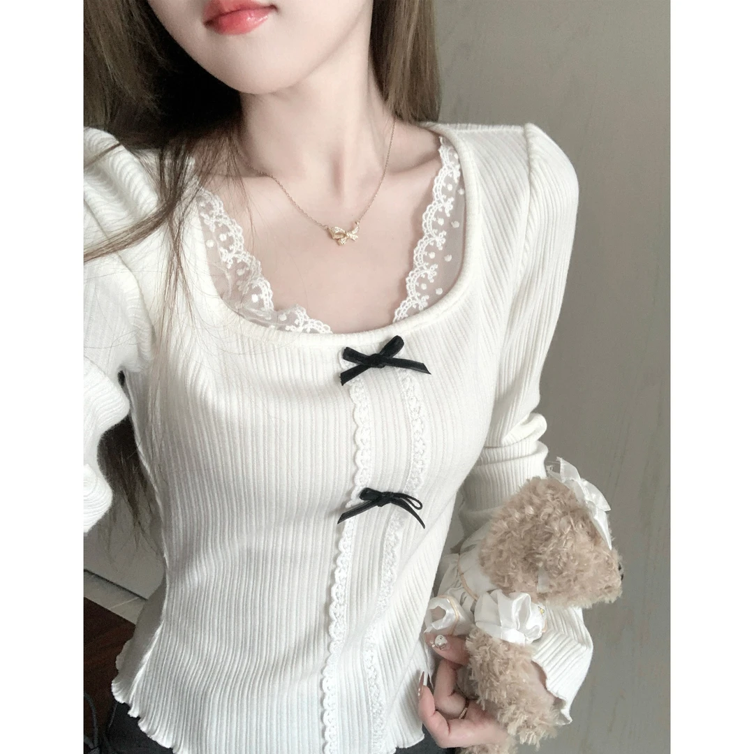 蕾丝花边拼接针织内搭上衣蝴蝶结秋冬新款白色修身显瘦洋气打底衫