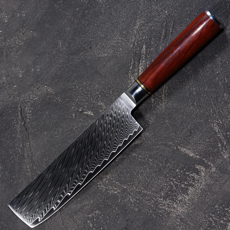 《影菜切5》67层大马士革红檀木柄羽毛纹10cr15mov钢平头