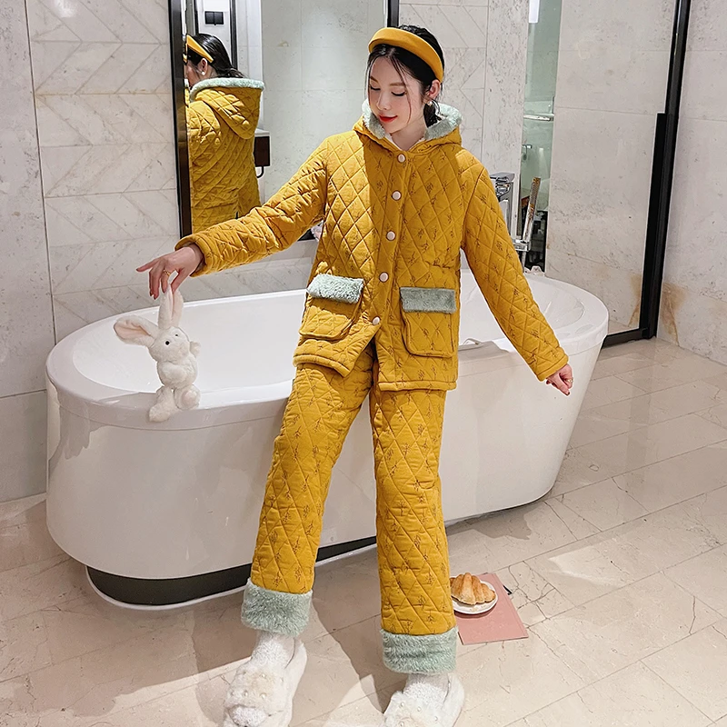 三层加厚冬季带帽款女士家居服套装86231