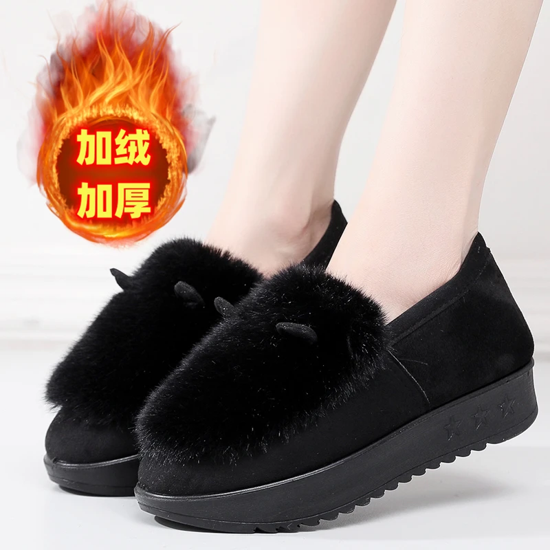 冬季老北京布鞋女棉鞋松糕底厚底毛毛鞋加绒保暖外穿中老年妈妈鞋