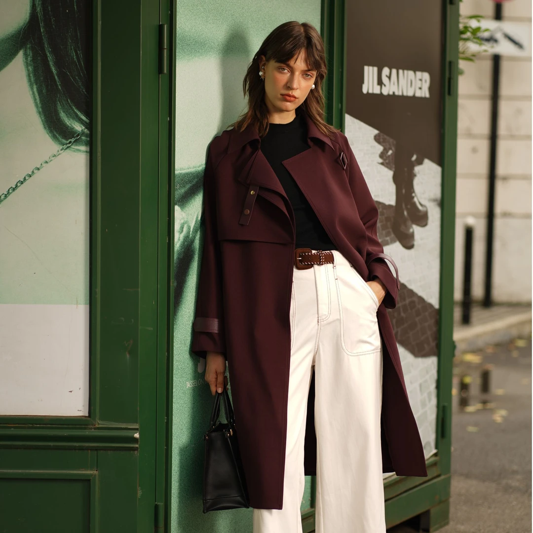 宝莎伦春季中长款风衣女2025新款气质宽松安哥拉红小个子高端风衣