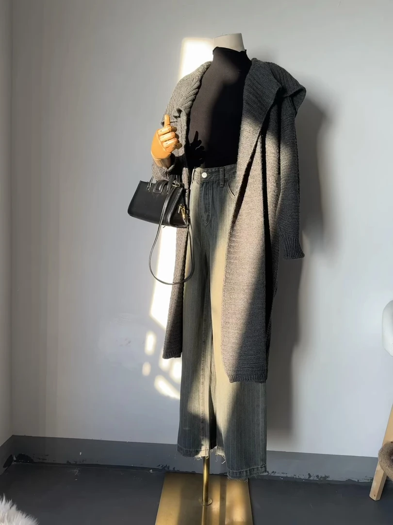 现货！慵懒风大翻领针织外套女长款灰色毛衣开衫