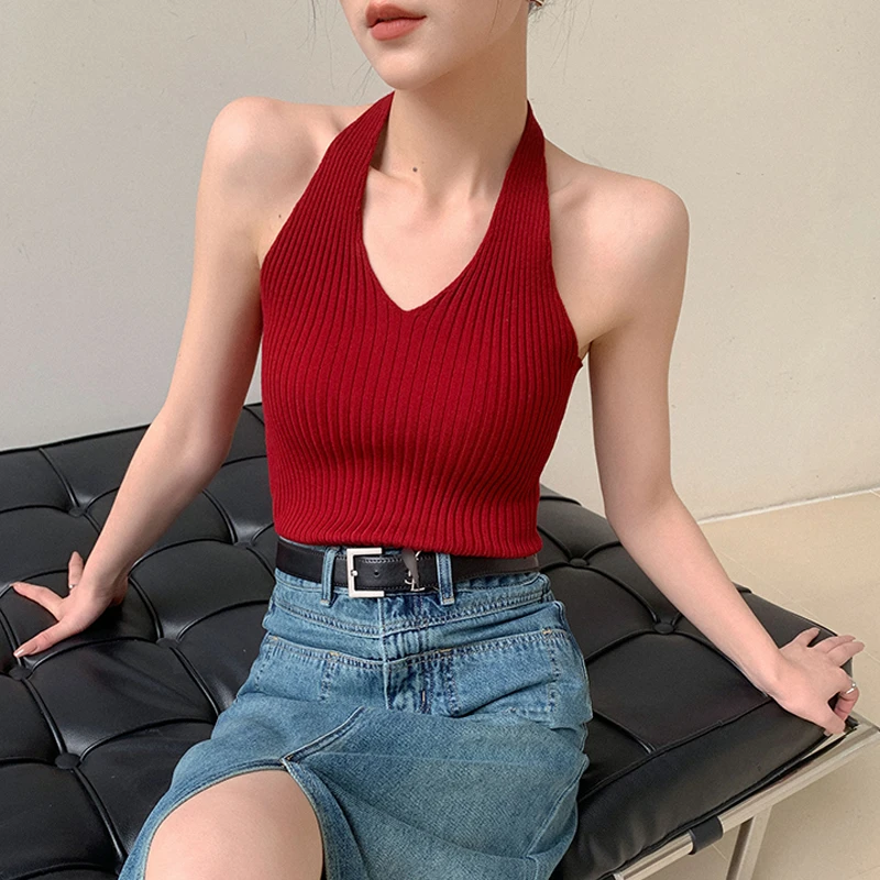 红色无袖挂脖针织背心女款夏季新款性感露背V领外穿内搭时尚修身