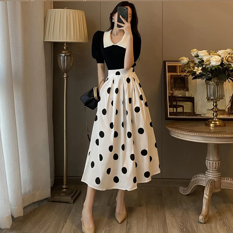 法式复古赫本泡泡袖上衣搭配高级感夏季小香风波点半身裙高腰显瘦