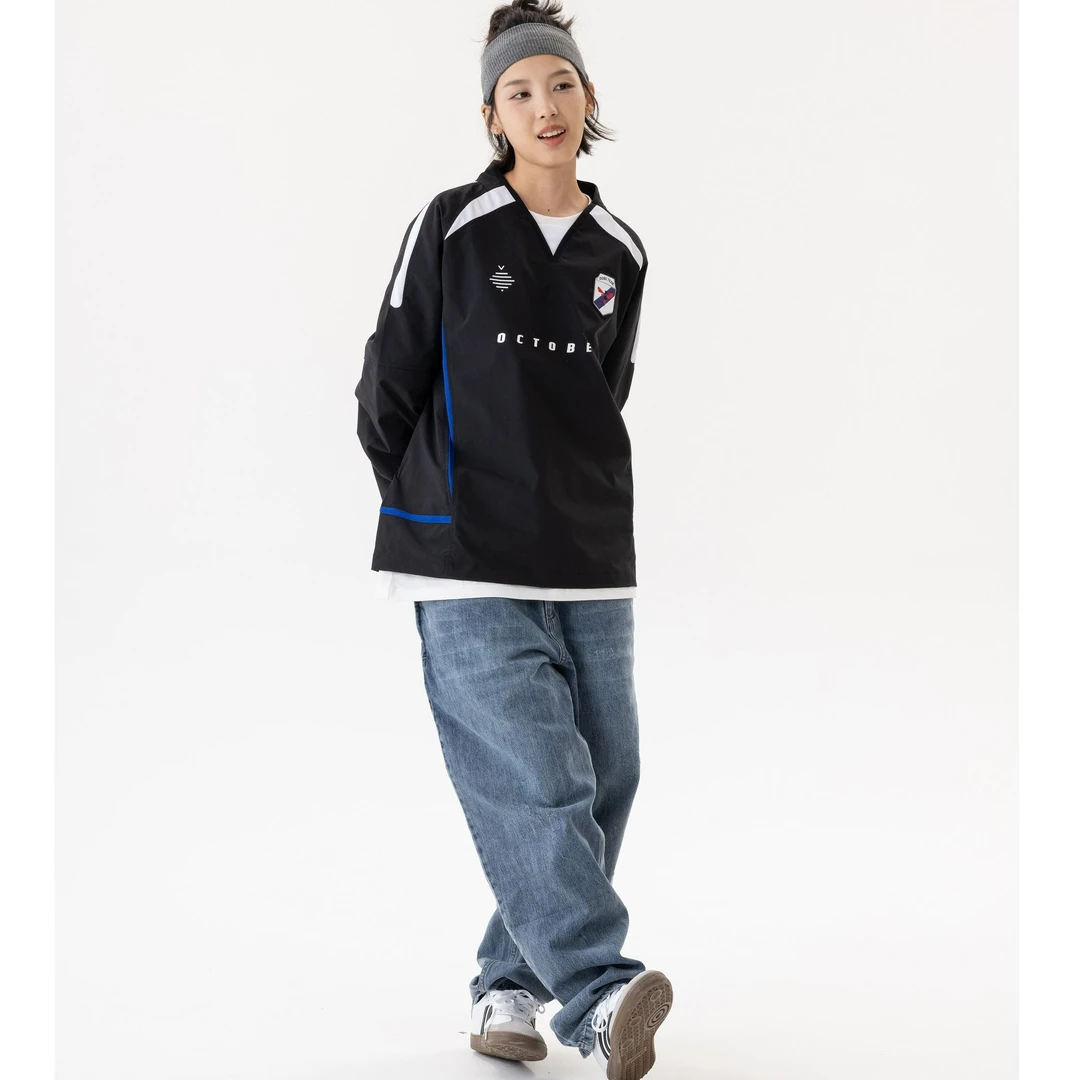 OCTOBEE日系复古休闲潮流足球服男女运动球衣拼接V领字母长袖T恤
