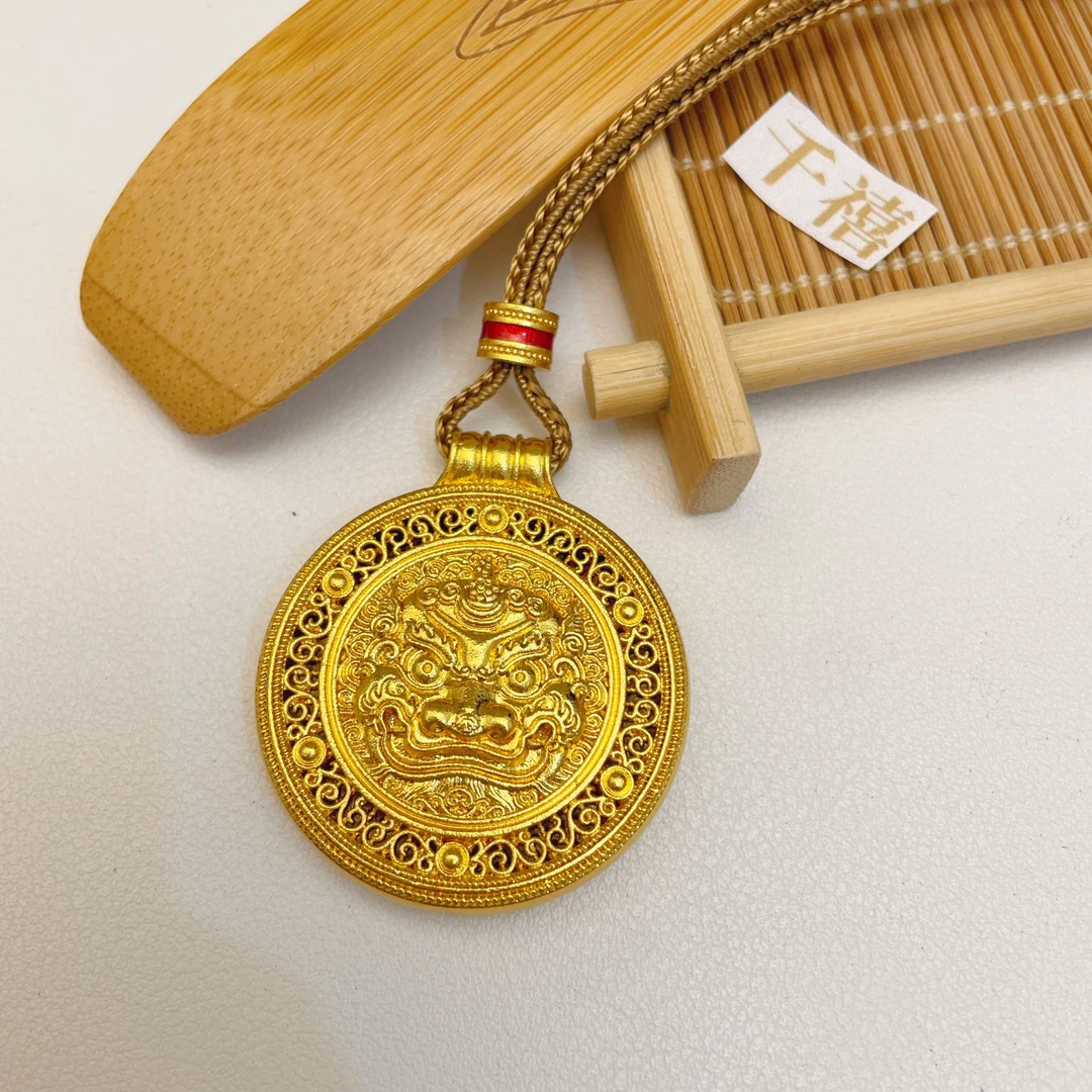 合金吊坠 古法镂空花丝独角貔貅大圆盘吊坠