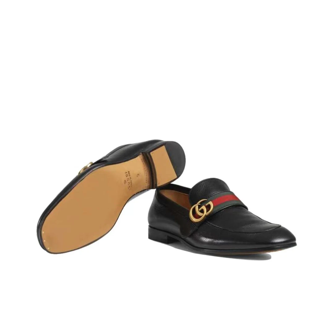 全新未使用 GUCCI/古驰 双条纹织带豆豆鞋经典百搭男士黑色无配件