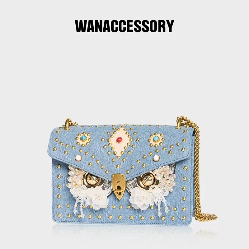 WANACCESSORY万蔻全新女包牛仔系列铆钉猫头鹰换脸单肩包百搭时尚