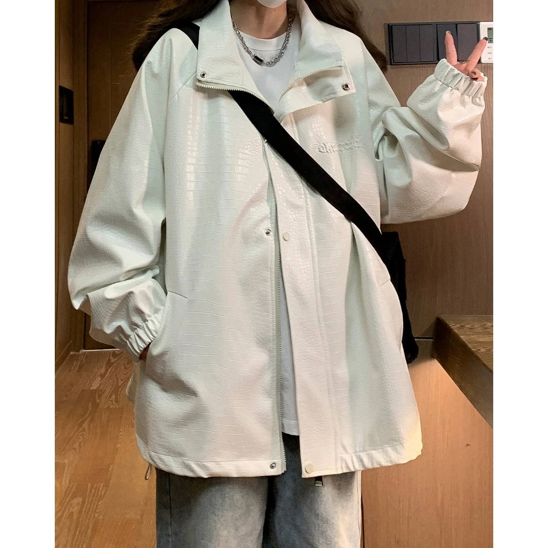 夹克皮衣男美式复古潮流仿鳄鱼纹宽松大码男款休闲百搭外套情侣
