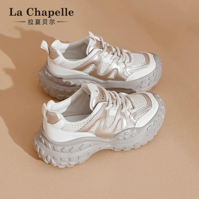 拉夏贝尔运动鞋女2025新款冬季厚底增高网面透气百搭休闲老爹鞋子
