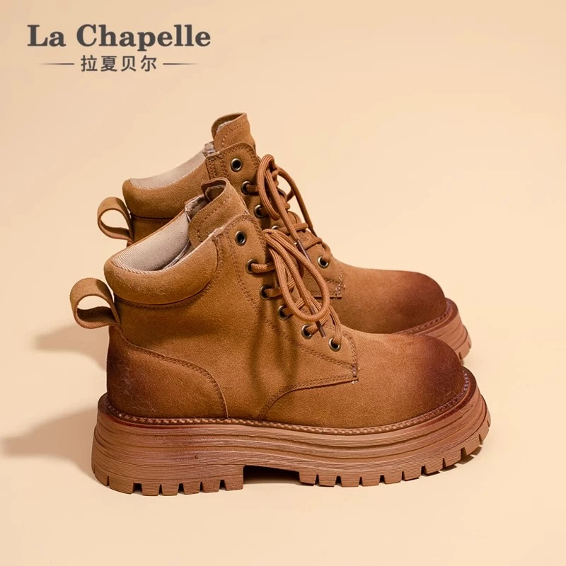 拉夏贝尔秋季棕色马丁靴英伦风靴子百搭休闲时尚厚底大黄靴女鞋子