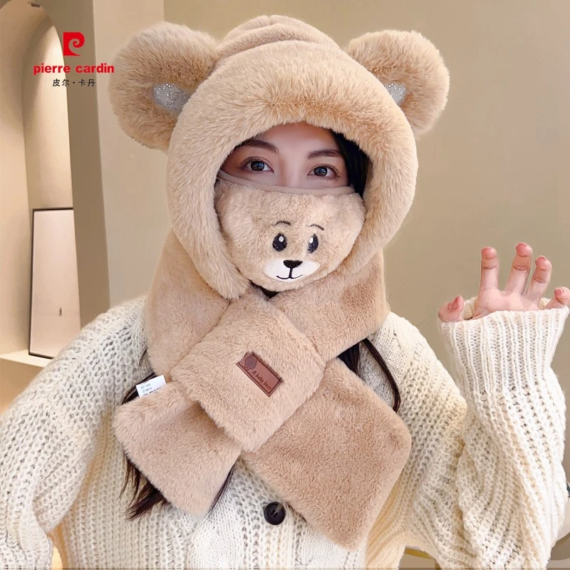 皮尔卡丹冬天围巾一体2024新款防寒百搭毛绒围脖连帽加绒生日礼物