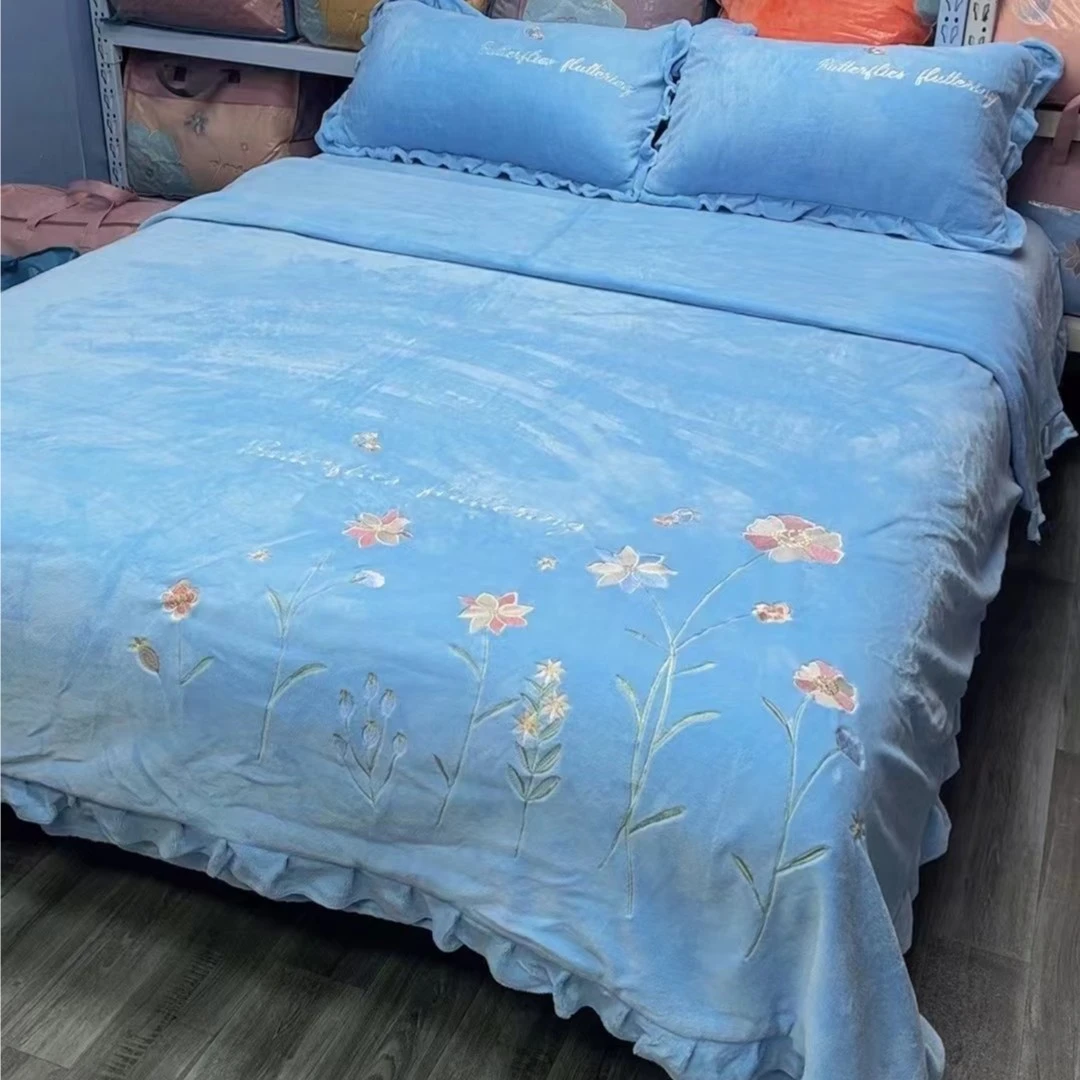 【加厚10斤左右】牛奶绒四件套韩版保暖冬纯色床裙公主风【反季清货】