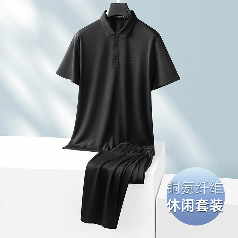 父亲节礼物爸爸装铜氨丝冰丝大码短袖男士休闲夏季薄款商务套装男