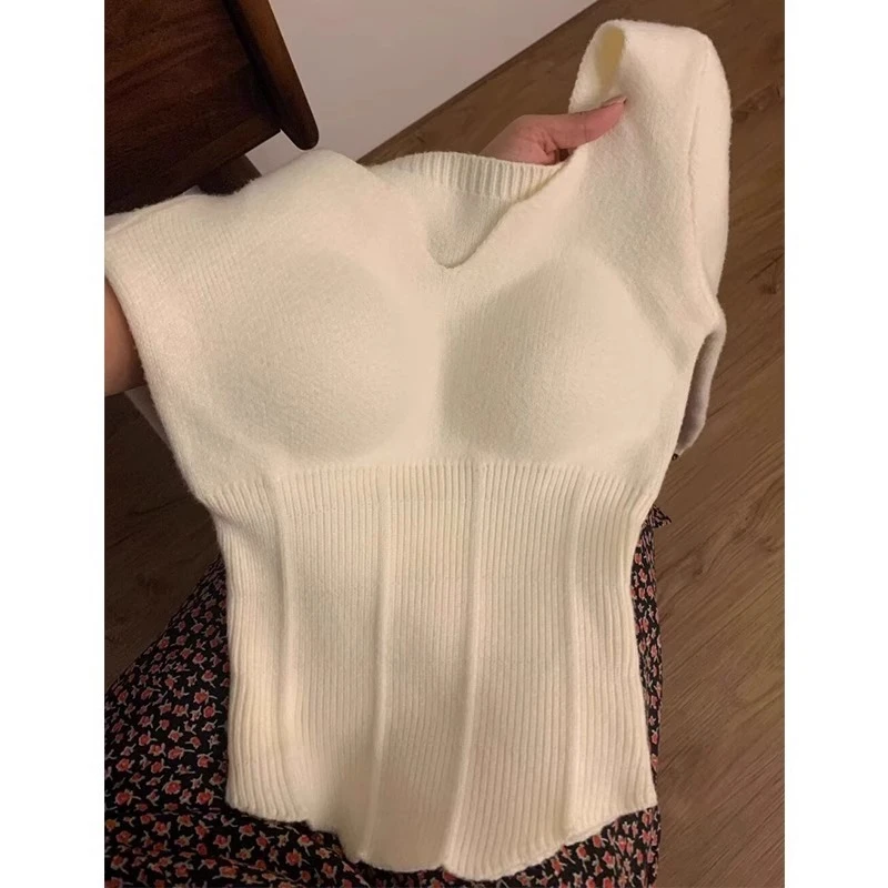 白色毛衣打底衫女冬季皮草内搭加厚德绒针织长袖法式气质短款上衣