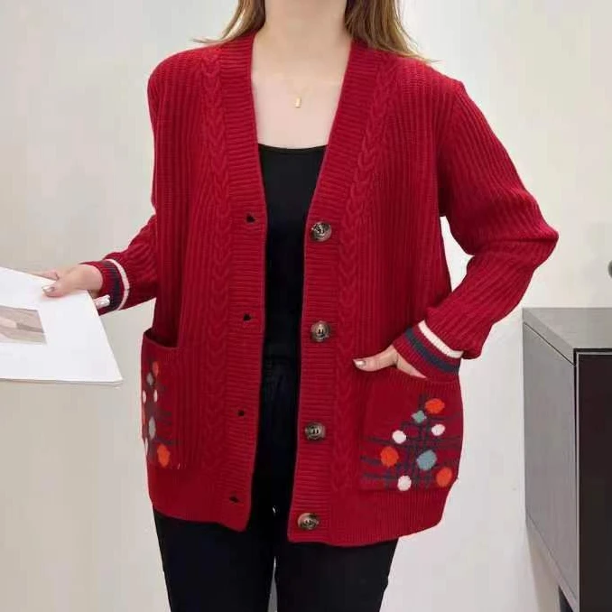 新款春秋竖条口袋针织开衫时尚毛衣洋气百搭韩版长袖大码外套