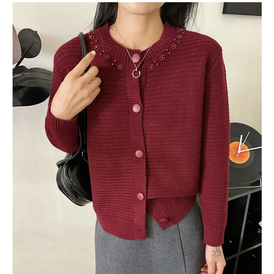 【正品现货】亲肤绒圆领泡珠设计感秋冬长袖针织衫韩版时尚上衣外套