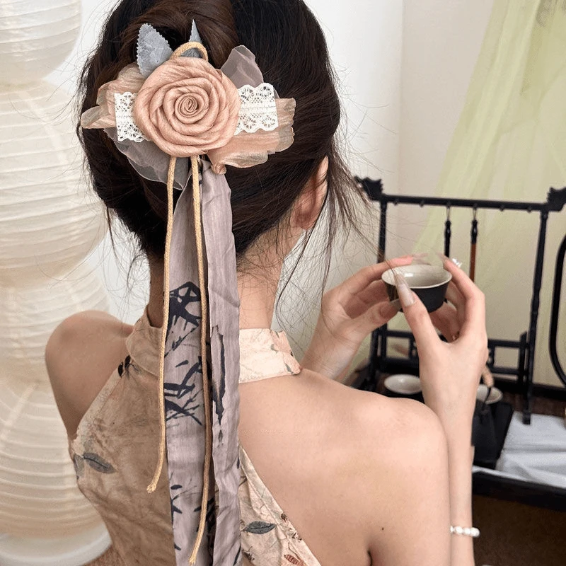 枯叶玫瑰新中式复古布艺玫瑰抓夹小众设计仙气质温柔后脑勺懒人夹