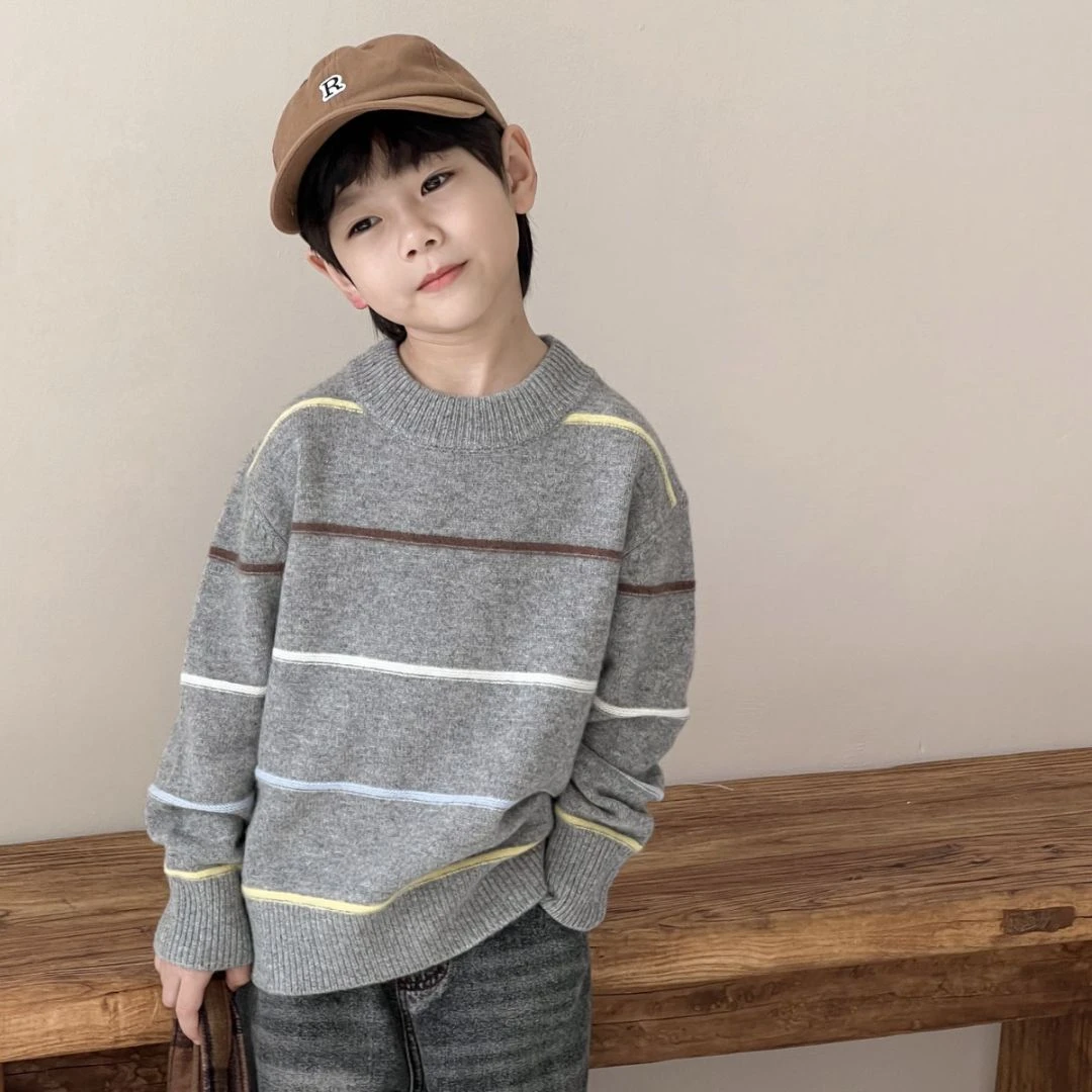 【100%纯羊毛】2024新款冬季彩色条纹圆领打底儿童加厚双股纯羊毛衫