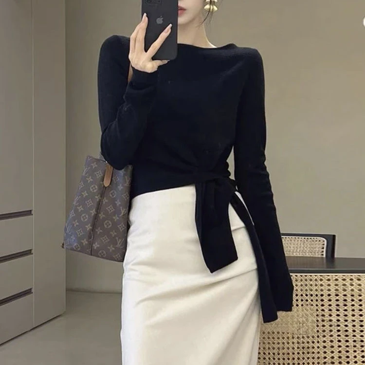今年流行韩系简约绑带短款长袖T恤女秋季新款不规则洋气修身上衣