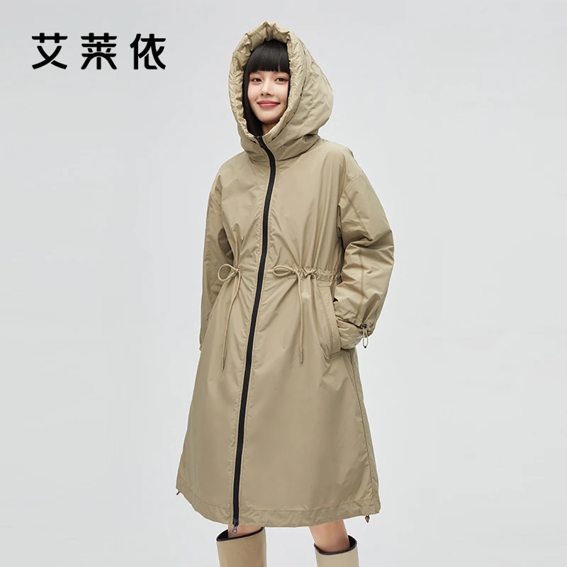 艾莱依假两件风衣羽绒服新款时尚小众收腰冬季保暖中长款外套1041