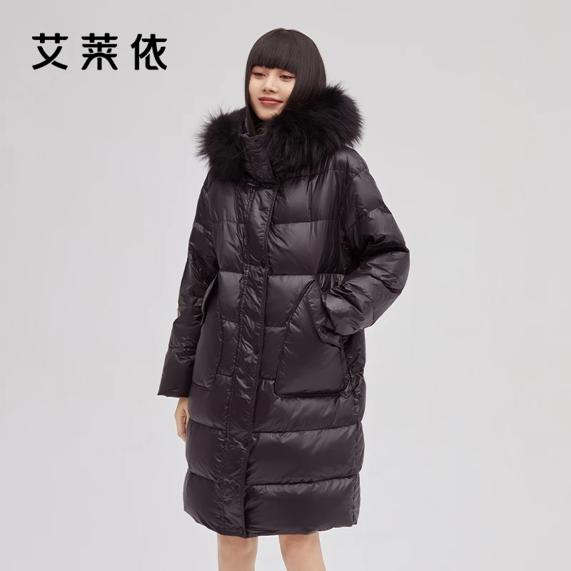 艾莱依冬季新款羽绒服女士大毛领时尚百搭中长款保暖防风外套1164