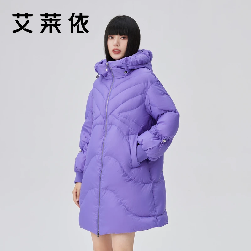 艾莱依冬季新款中长款羽绒服女时尚百搭气质轻奢连帽保暖外套1392