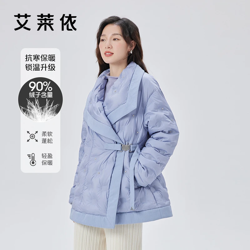 艾莱依不对称斜门襟卡扣羽绒服冬季收腰气质百搭显瘦保暖外套4134