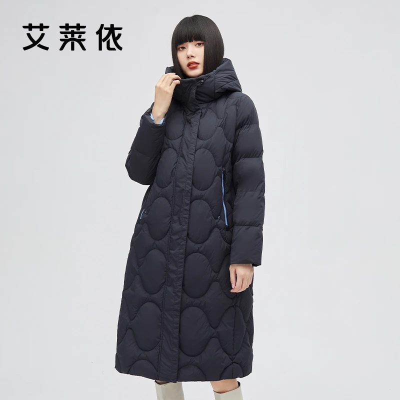 艾莱依新款羽绒服女士撞色门襟别致口袋气质冬季连帽长款外套1017