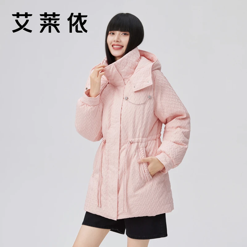 艾莱依冬季高颜值羽绒服女装金属绞花肌理感长款保暖连帽外套1364