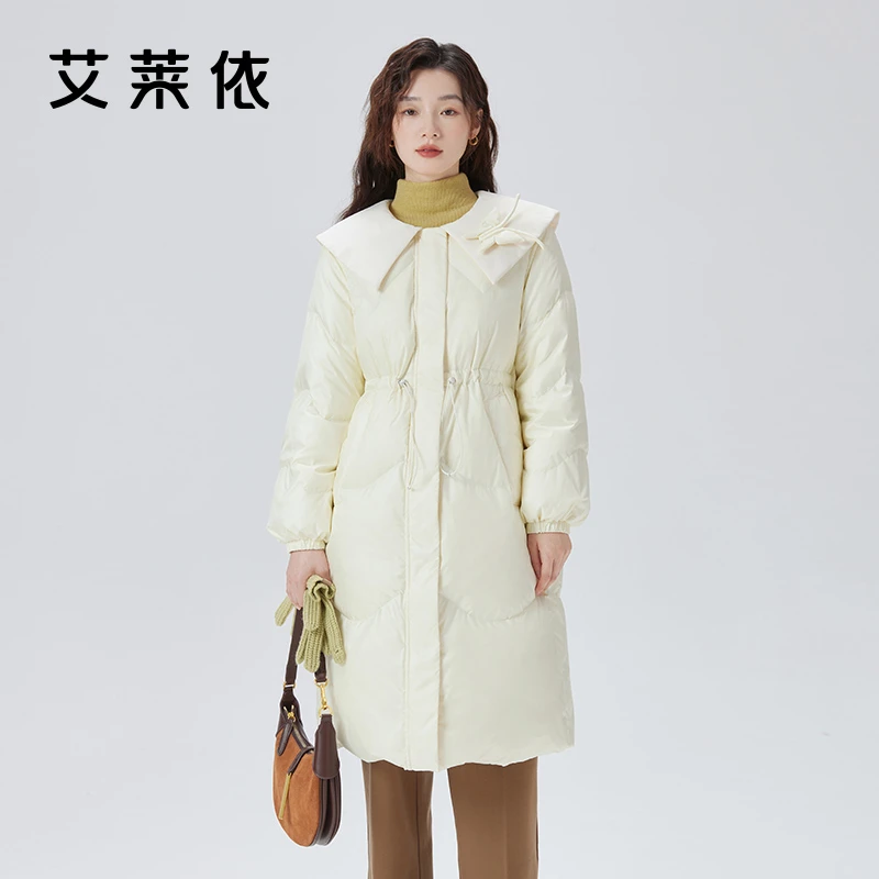 艾莱依时尚韩版长款羽绒服女宽松收腰版型保暖蝴蝶领冬季外套1391