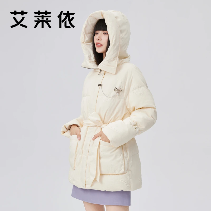艾莱依冬季新款女士户外收腰外套时尚休闲保暖短款连帽羽绒服4176