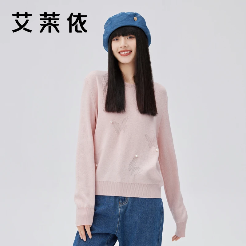 艾莱依冬季新款针织衫时尚百搭休闲蝴蝶圆领线衫甜美套头女装1047