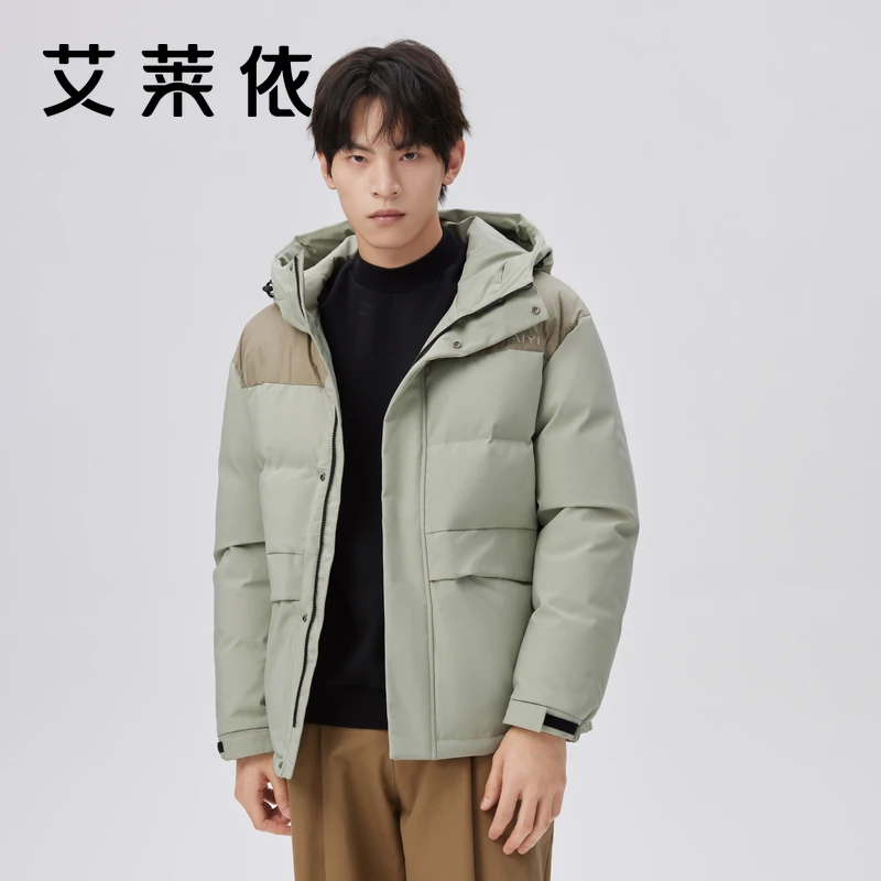 艾莱依新款时尚潮流羽绒服短款拼接户外休闲连帽保暖防风外套4038
