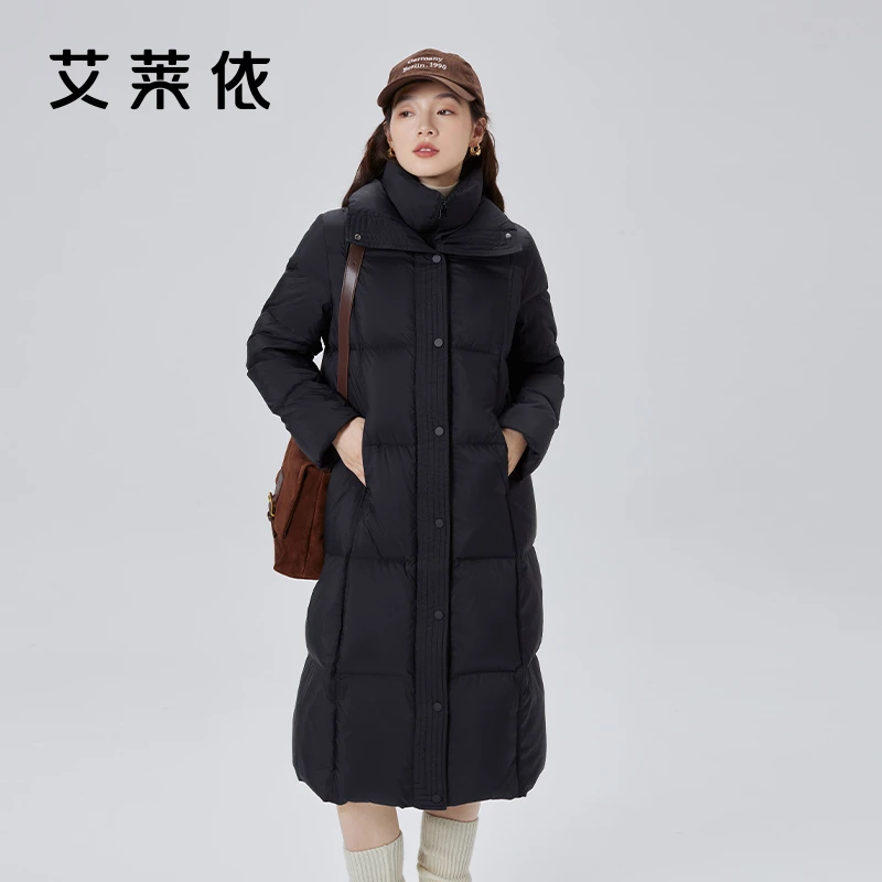 艾莱依双层领长款羽绒服冬季新款轻奢优雅冰花纹时尚保暖外套1289
